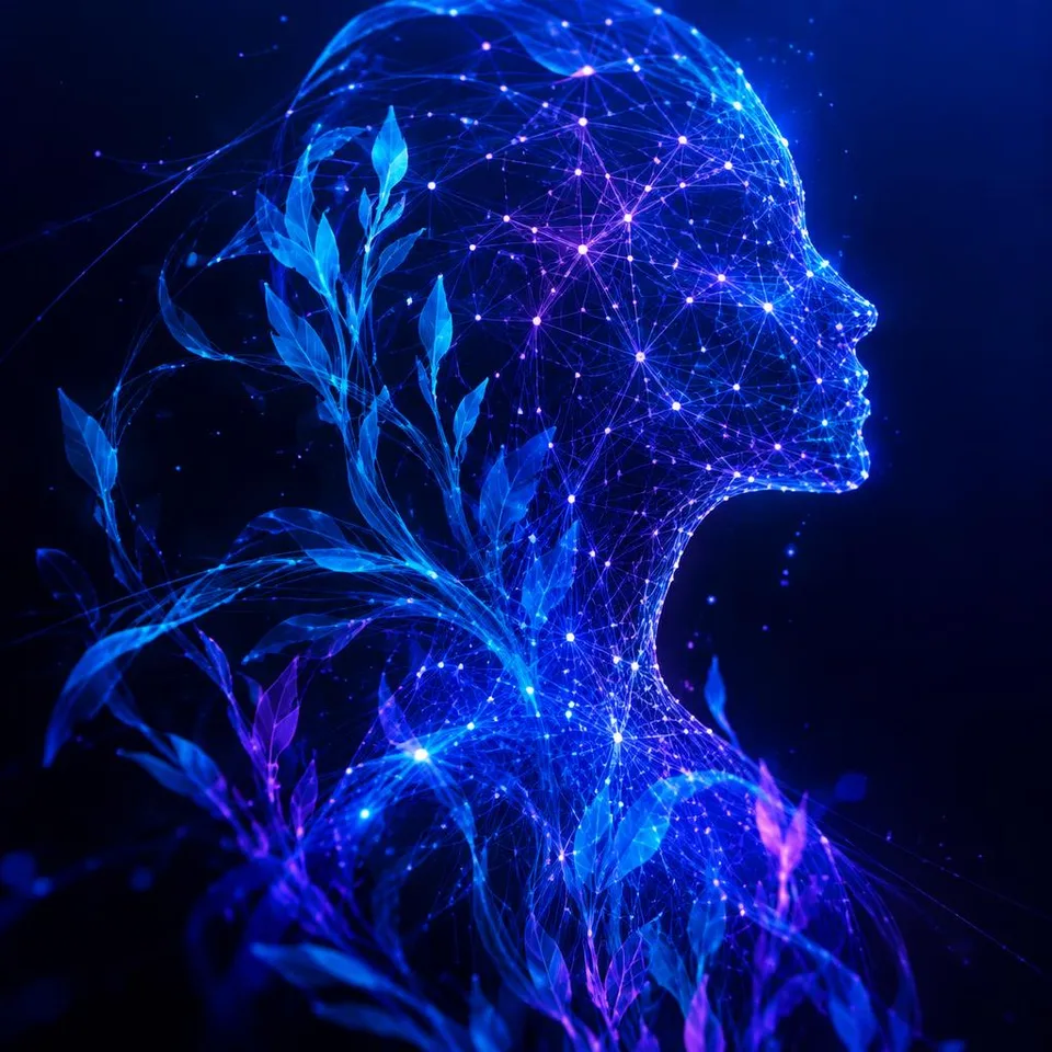 Illustration : silhouette formée d'un réseau de neurones et de feuilles de posidonie